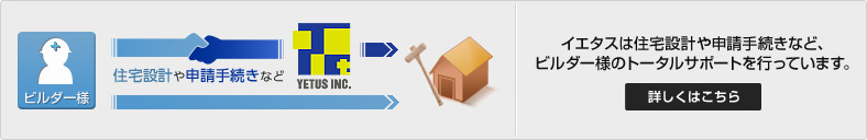 イエタスは住宅設計や申請手続きなど、ビルダー様のトータルサポートを行っています。 詳しくはこちら